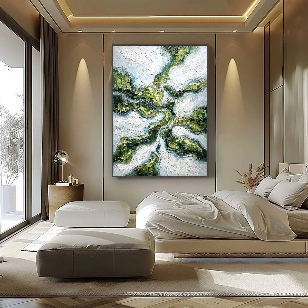 VERDANT FLOW: Abstract Green Impasto Landscape Oil Painting | black frame version on white wall
