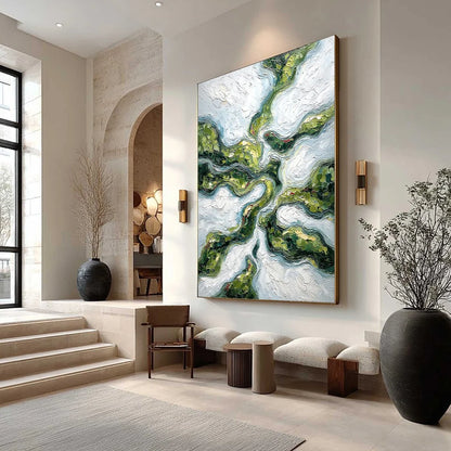 VERDANT FLOW: Abstract Green Impasto Landscape Oil Painting | Abstract mood, soft natural light studio shot