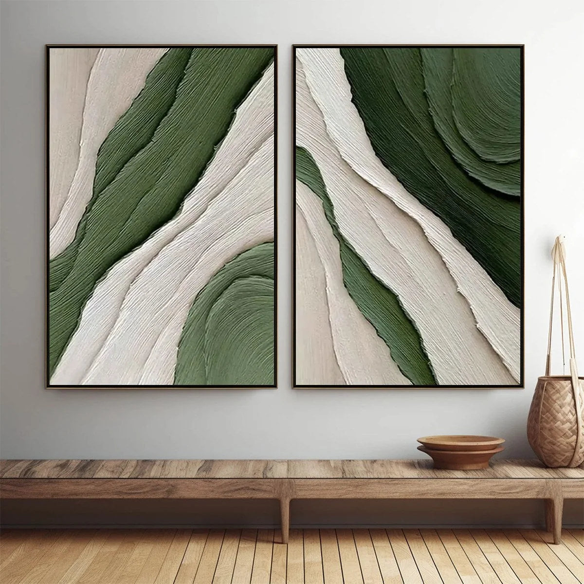 VERDANT FLOW: Textured Abstract Green and White Diptych Painting | Abstract closeup, raised brushwork detail