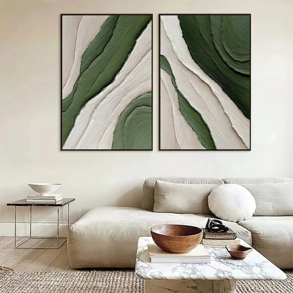 VERDANT FLOW: Textured Abstract Green and White Diptych Painting | rectangular format, hand-painted canvas edge
