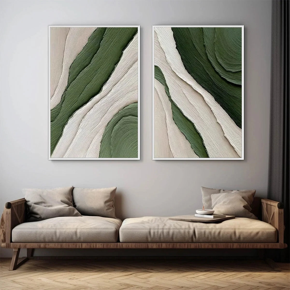 VERDANT FLOW: Textured Abstract Green and White Diptych Painting | gold frame stretched on neutral wall