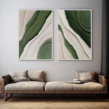 VERDANT FLOW: Textured Abstract Green and White Diptych Painting | gold frame stretched on neutral wall