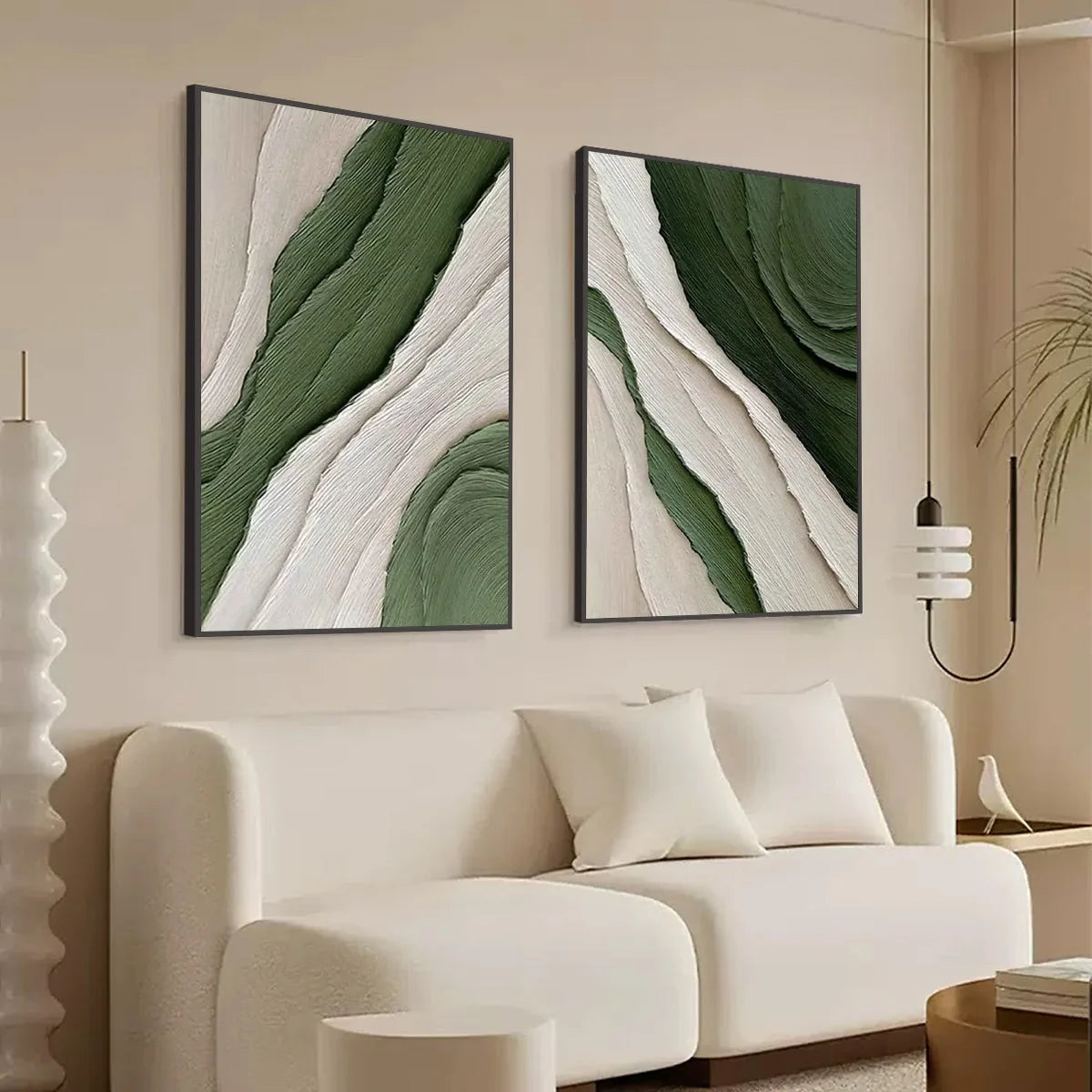 VERDANT FLOW: Textured Abstract Green and White Diptych Painting | rolled canvas, ready for custom framing