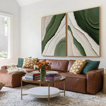 VERDANT FLOW: Textured Abstract Green and White Diptych Painting | black frame version on white wall