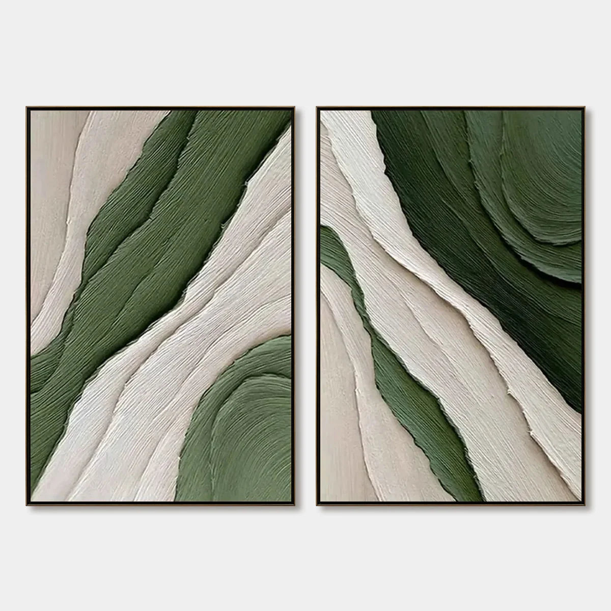 VERDANT FLOW: Textured Abstract Green and White Diptych Painting | hanging in living room, Abstract wall art