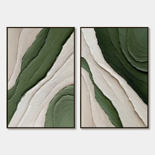 VERDANT FLOW: Textured Abstract Green and White Diptych Painting | hanging in living room, Abstract wall art
