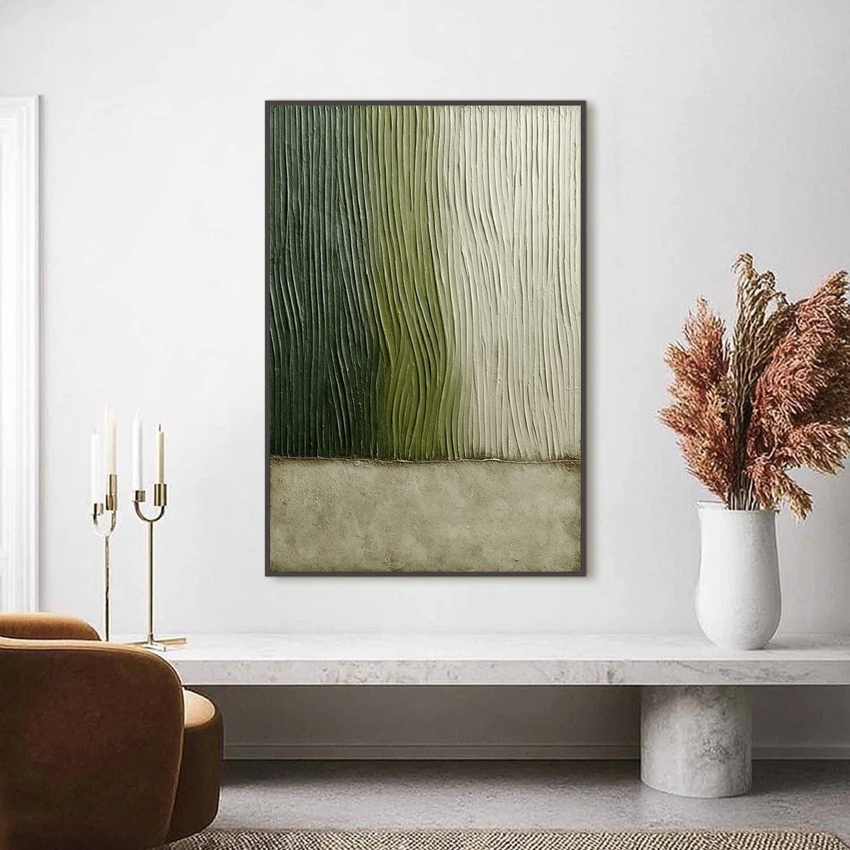 VERDANT GROOVE: Textured Wabi Sabi Abstract Landscape Painting | Abstract closeup, raised brushwork detail