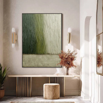 VERDANT GROOVE: Textured Wabi Sabi Abstract Landscape Painting | gold frame stretched on neutral wall