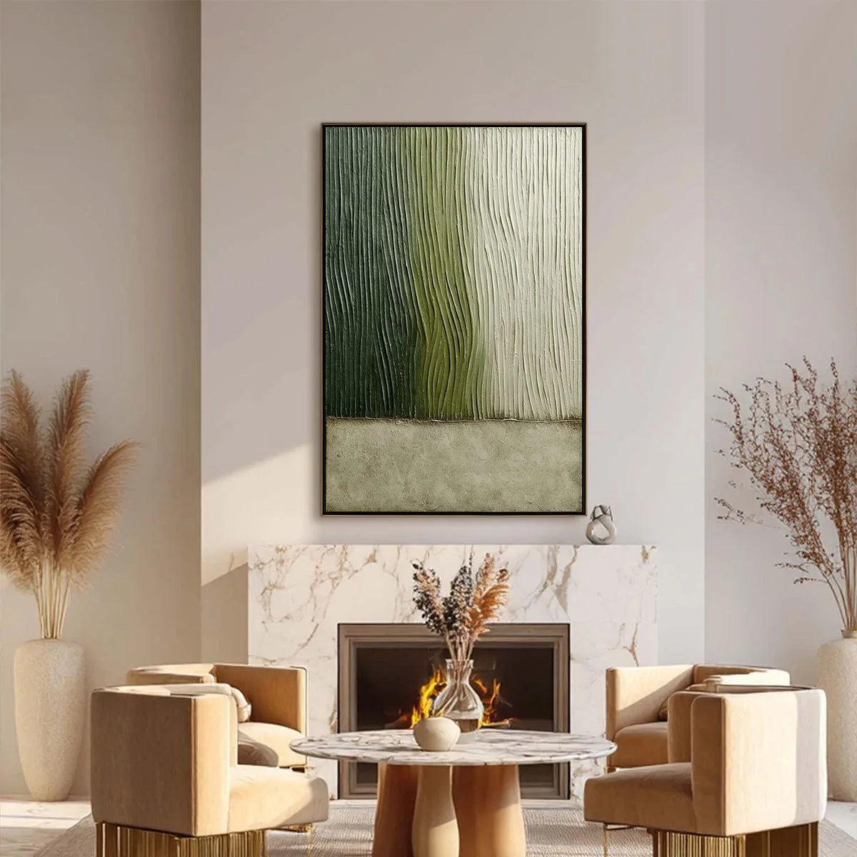 VERDANT GROOVE: Textured Wabi Sabi Abstract Landscape Painting | black frame version on white wall