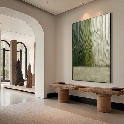 VERDANT GROOVE: Textured Wabi Sabi Abstract Landscape Painting | Abstract mood, soft natural light studio shot