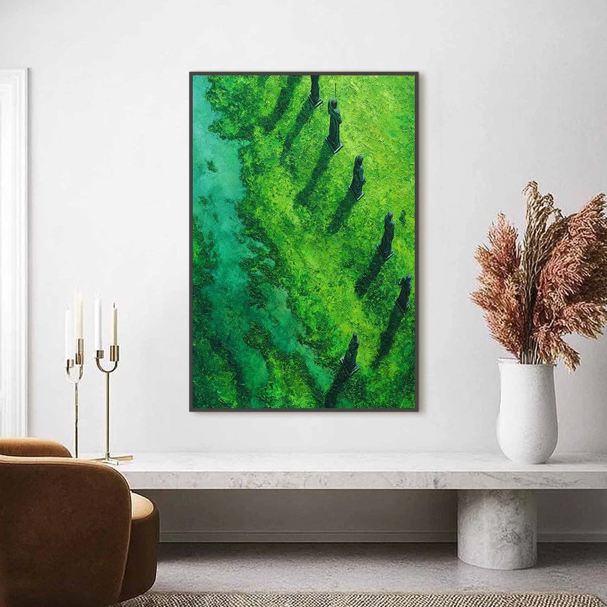 VERDANT GUARDIANS: Textured Vertical Abstract Painting of Ancient Sentinels | Abstract closeup, raised brushwork detail