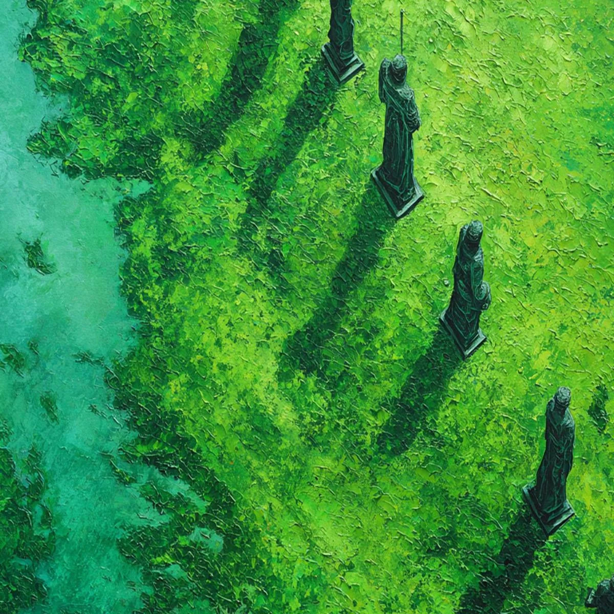 VERDANT GUARDIANS: Textured Vertical Abstract Painting of Ancient Sentinels | rectangular format, hand-painted canvas edge