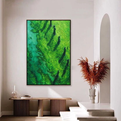 VERDANT GUARDIANS: Textured Vertical Abstract Painting of Ancient Sentinels | gold frame stretched on neutral wall