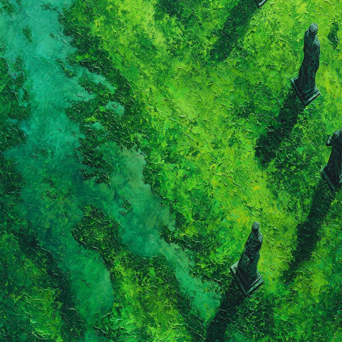 VERDANT GUARDIANS: Textured Vertical Abstract Painting of Ancient Sentinels | rolled canvas, ready for custom framing