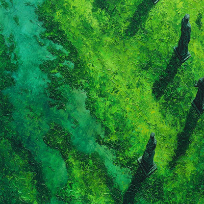 VERDANT GUARDIANS: Textured Vertical Abstract Painting of Ancient Sentinels | rolled canvas, ready for custom framing