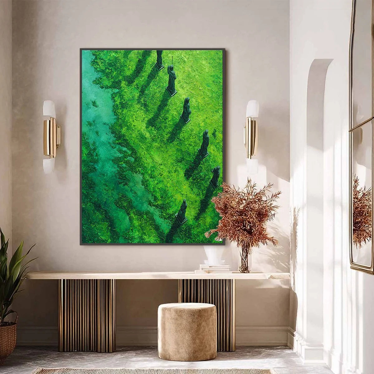 VERDANT GUARDIANS: Textured Vertical Abstract Painting of Ancient Sentinels | black frame version on white wall
