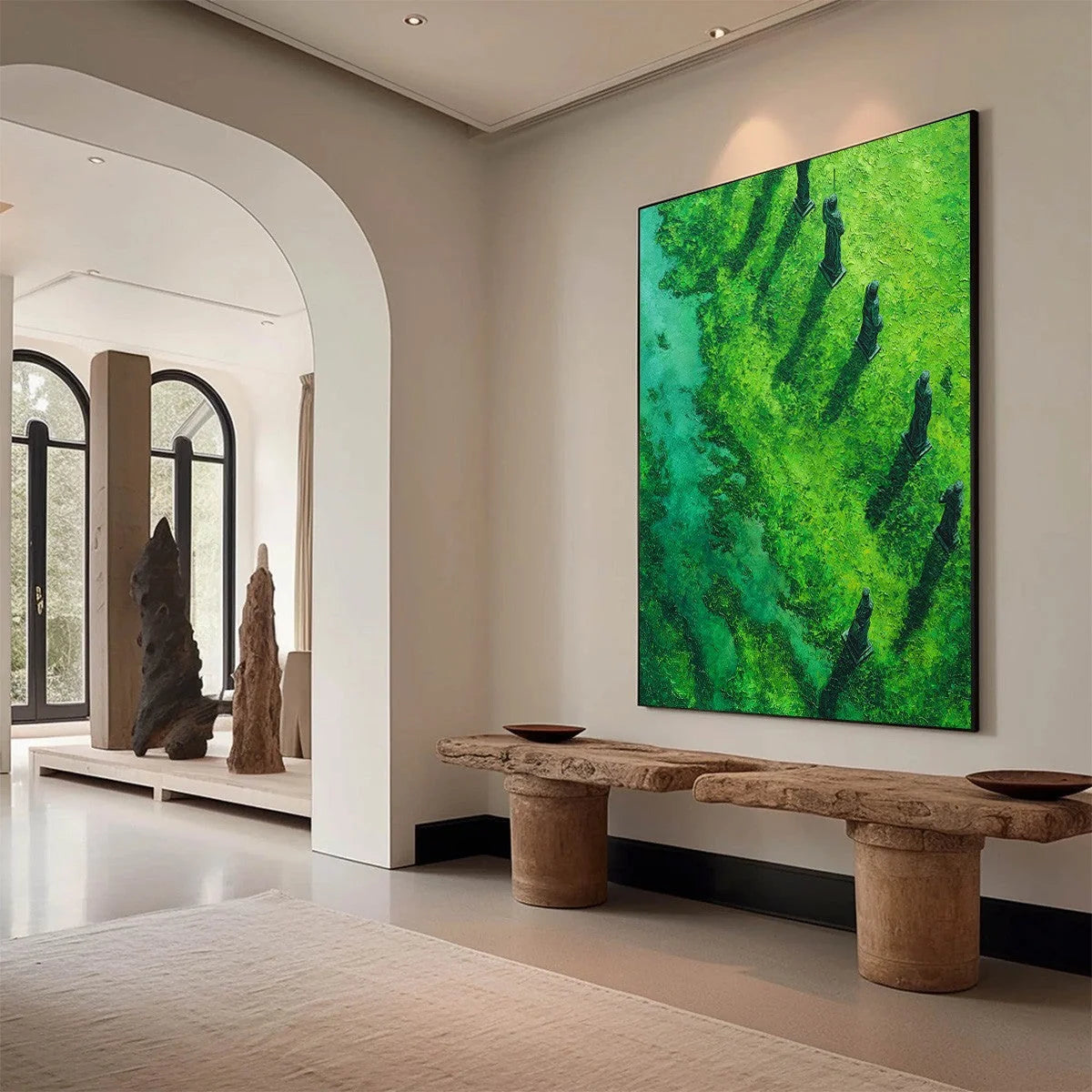 VERDANT GUARDIANS: Textured Vertical Abstract Painting of Ancient Sentinels | Abstract mood, soft natural light studio shot