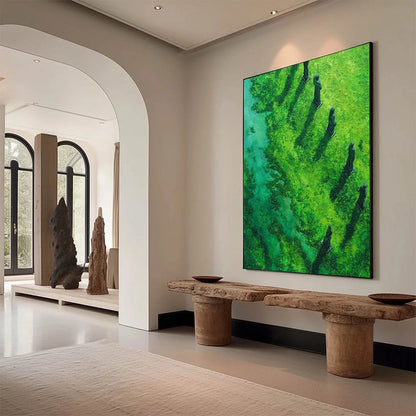 VERDANT GUARDIANS: Textured Vertical Abstract Painting of Ancient Sentinels | Abstract mood, soft natural light studio shot