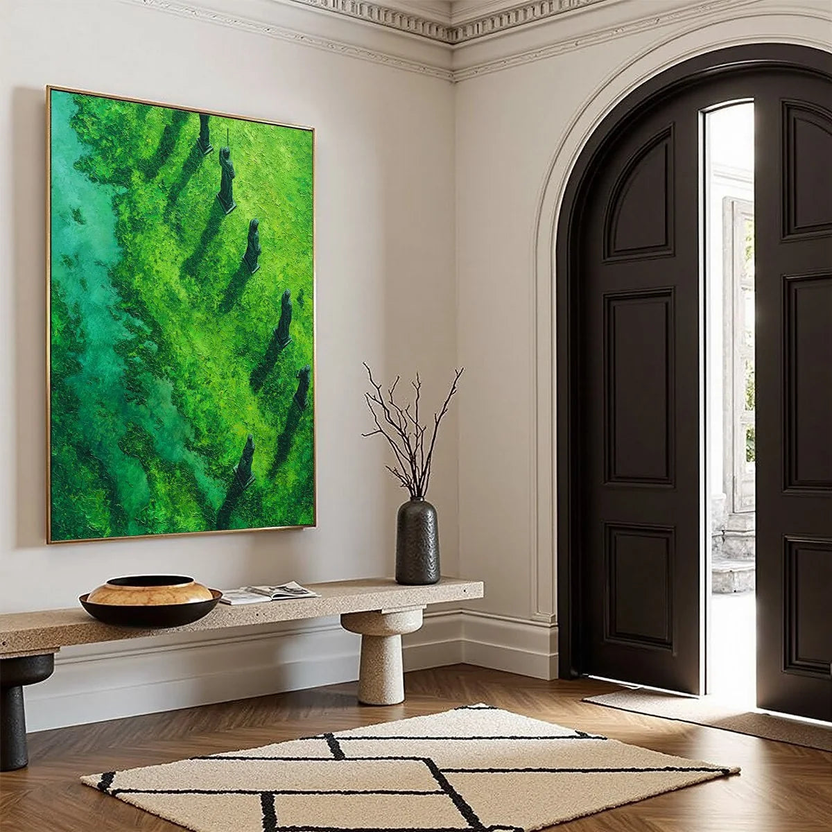 VERDANT GUARDIANS: Textured Vertical Abstract Painting of Ancient Sentinels | multi-color palette, original oil on stretched canvas art