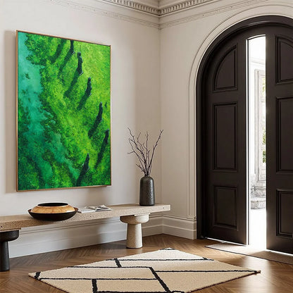 VERDANT GUARDIANS: Textured Vertical Abstract Painting of Ancient Sentinels | multi-color palette, original oil on stretched canvas art