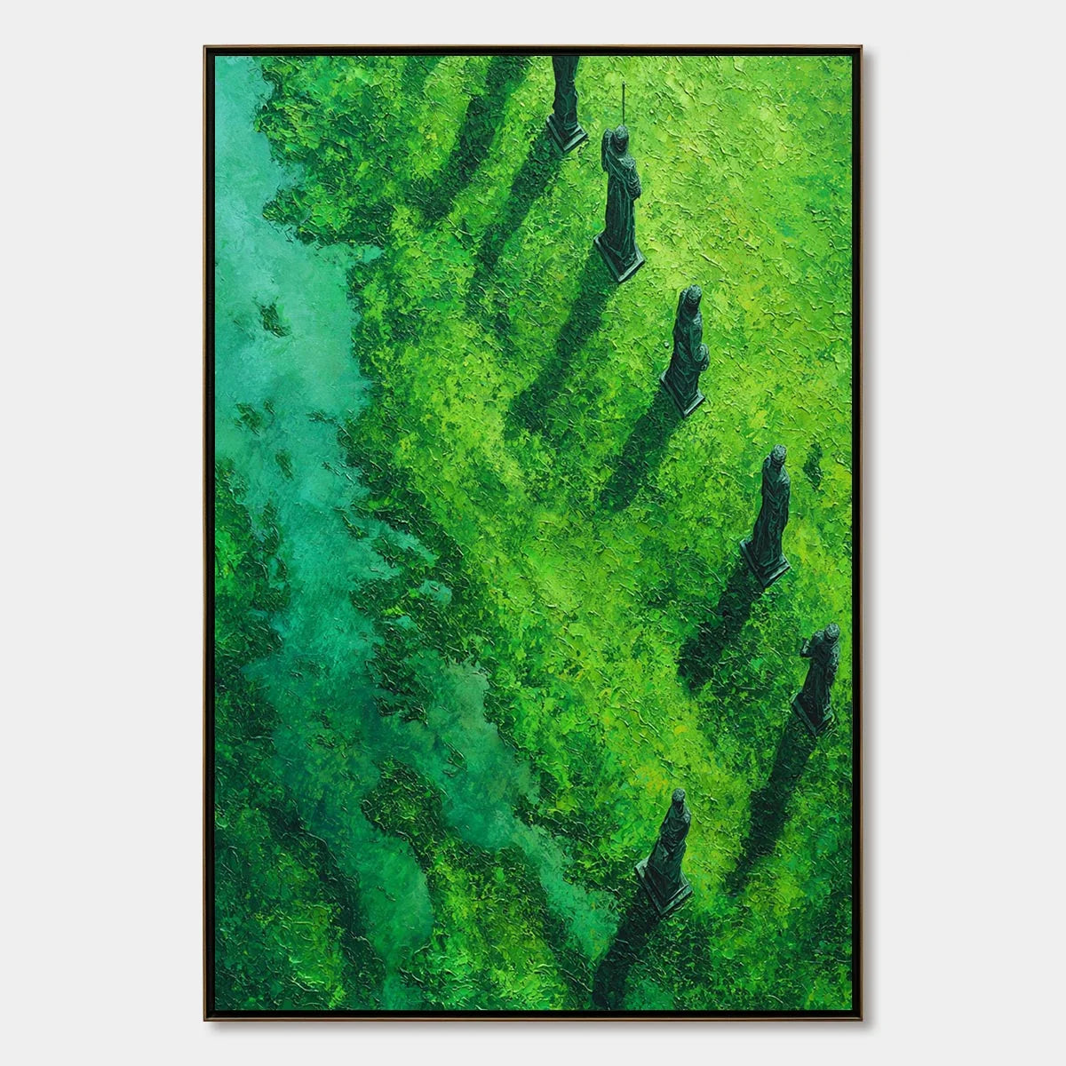 VERDANT GUARDIANS: Textured Vertical Abstract Painting of Ancient Sentinels | hanging in living room, Abstract wall art