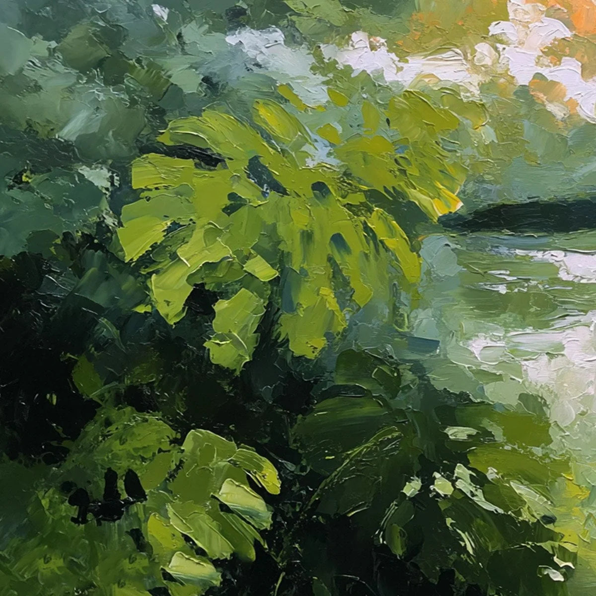 VERDANT HIDEAWAY: Textured Impasto Painting of a Forest Lake | rectangular format, hand-painted canvas edge