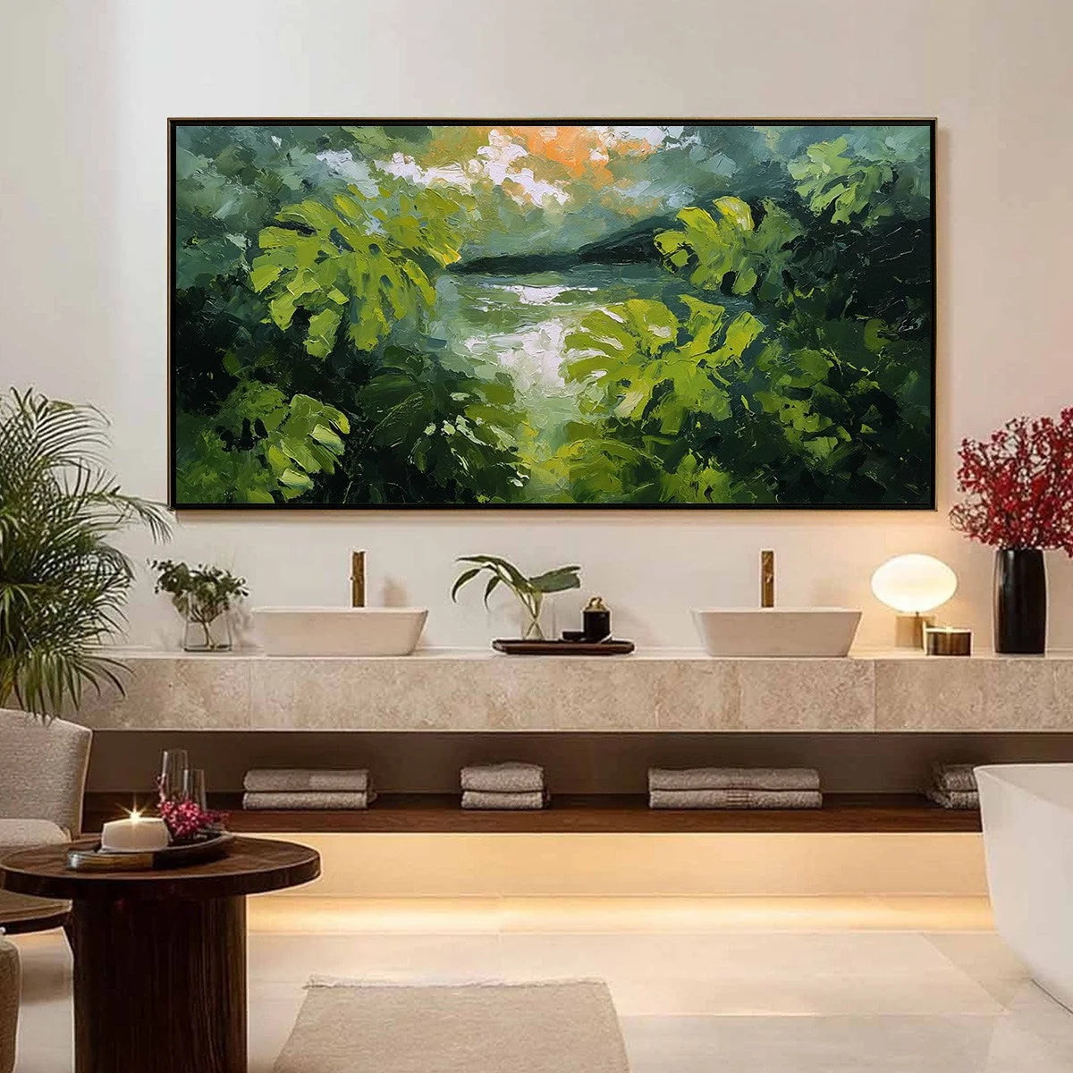 VERDANT HIDEAWAY: Textured Impasto Painting of a Forest Lake | gold frame stretched on neutral wall