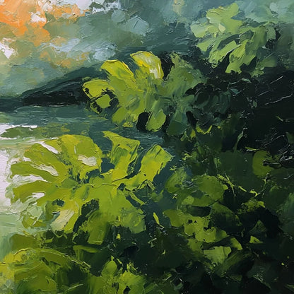 VERDANT HIDEAWAY: Textured Impasto Painting of a Forest Lake | rolled canvas, ready for custom framing
