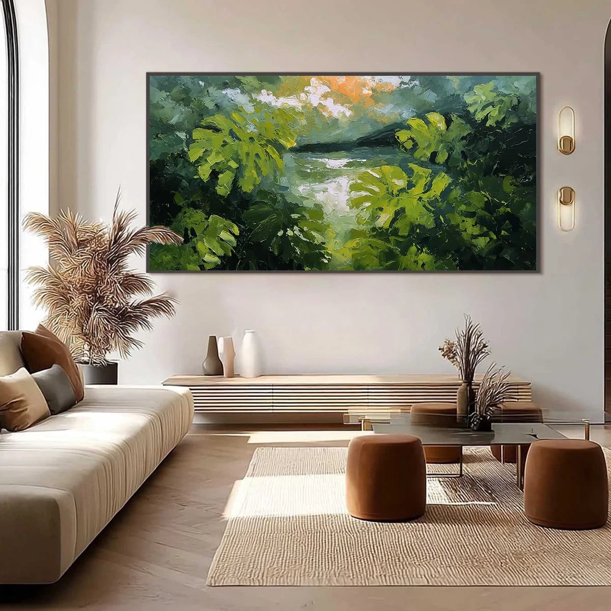 VERDANT HIDEAWAY: Textured Impasto Painting of a Forest Lake | black frame version on white wall