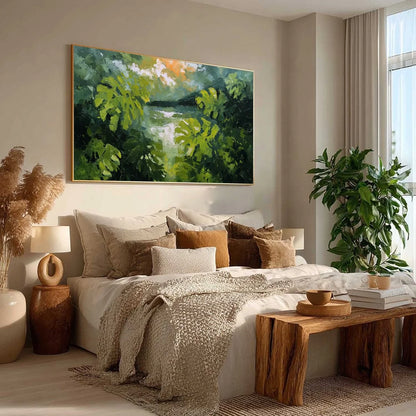 VERDANT HIDEAWAY: Textured Impasto Painting of a Forest Lake | green palette, original oil on stretched canvas art
