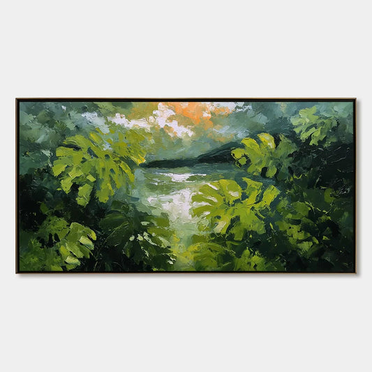 VERDANT HIDEAWAY: Textured Impasto Painting of a Forest Lake | hanging in living room, Figurative wall art