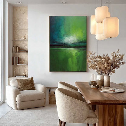VERDANT HORIZON: Large Textured Abstract Green Landscape Painting | gold frame stretched on neutral wall