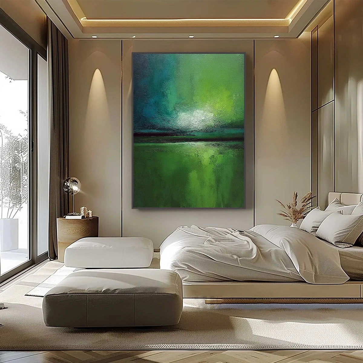 VERDANT HORIZON: Large Textured Abstract Green Landscape Painting | black frame version on white wall