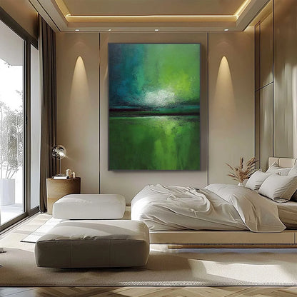 VERDANT HORIZON: Large Textured Abstract Green Landscape Painting | black frame version on white wall