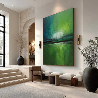 VERDANT HORIZON: Large Textured Abstract Green Landscape Painting | Abstract mood, soft natural light studio shot