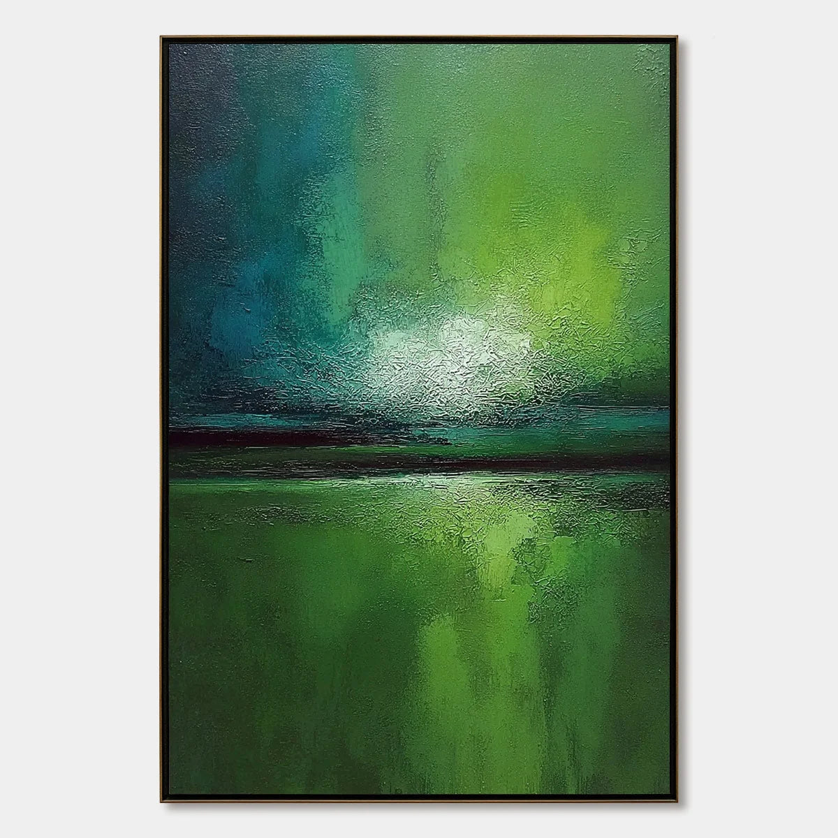 VERDANT HORIZON: Large Textured Abstract Green Landscape Painting | hanging in living room, Abstract wall art
