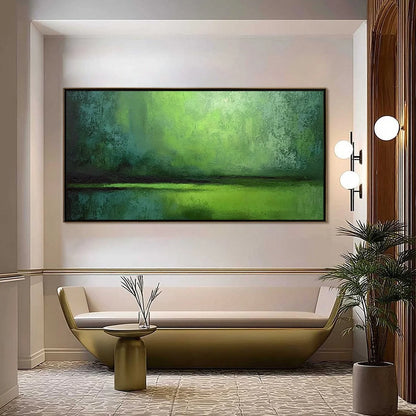 VERDANT HORIZON: Large Textured Green Abstract Landscape Painting | Abstract closeup, raised brushwork detail