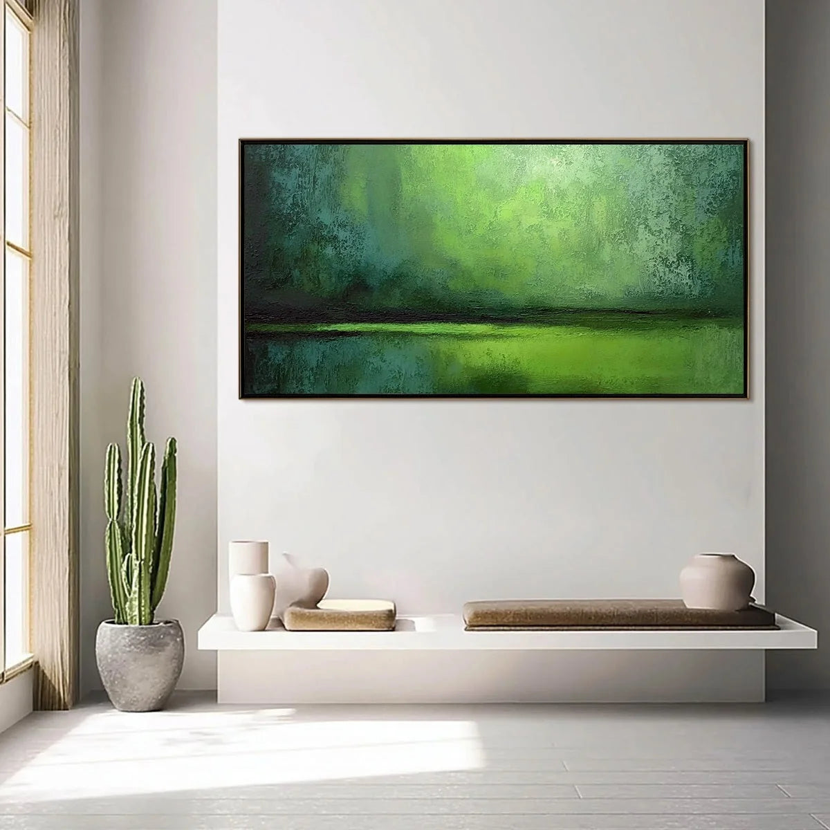 VERDANT HORIZON: Large Textured Green Abstract Landscape Painting | gold frame stretched on neutral wall
