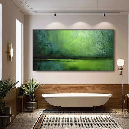 VERDANT HORIZON: Large Textured Green Abstract Landscape Painting | black frame version on white wall