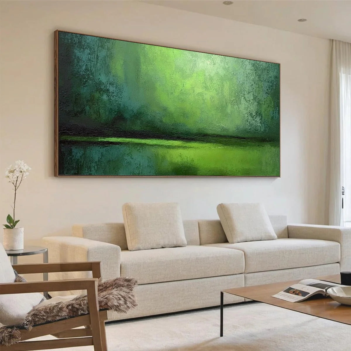 VERDANT HORIZON: Large Textured Green Abstract Landscape Painting | Abstract mood, soft natural light studio shot