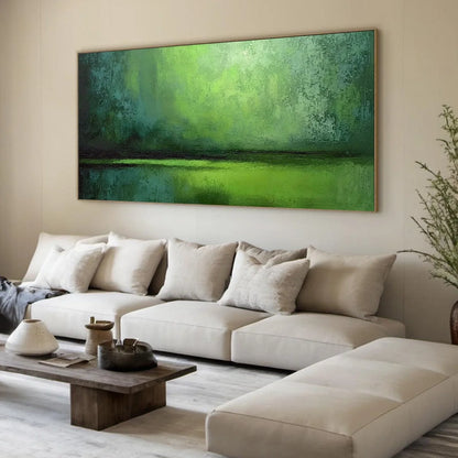 VERDANT HORIZON: Large Textured Green Abstract Landscape Painting | green palette, original oil on stretched canvas art