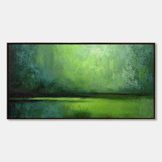 VERDANT HORIZON: Large Textured Green Abstract Landscape Painting | hanging in living room, Abstract wall art