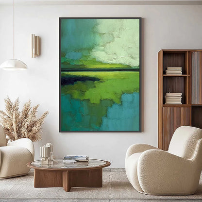 VERDANT HORIZON: Textured Abstract Green Landscape Painting | Abstract closeup, raised brushwork detail