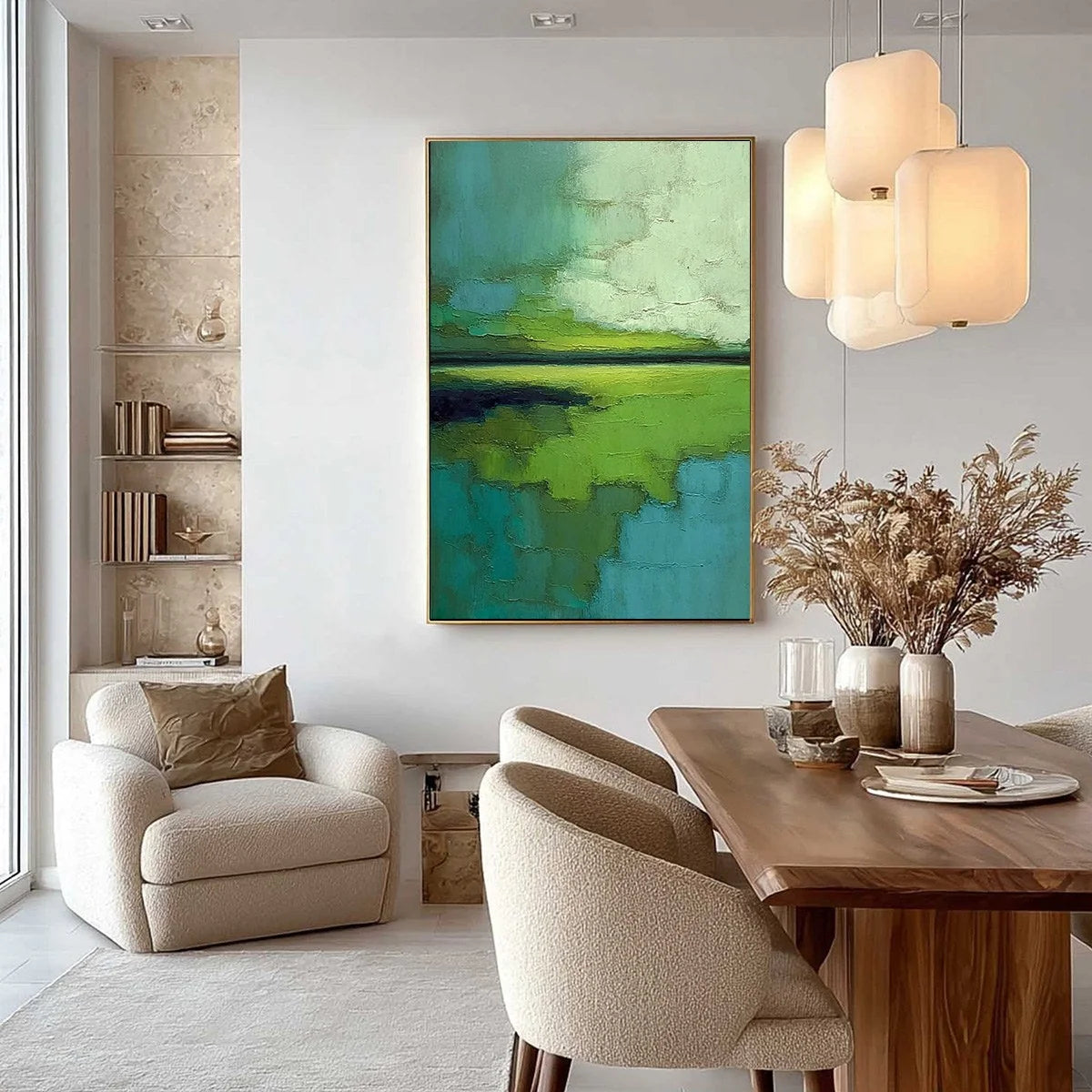 VERDANT HORIZON: Textured Abstract Green Landscape Painting | gold frame stretched on neutral wall
