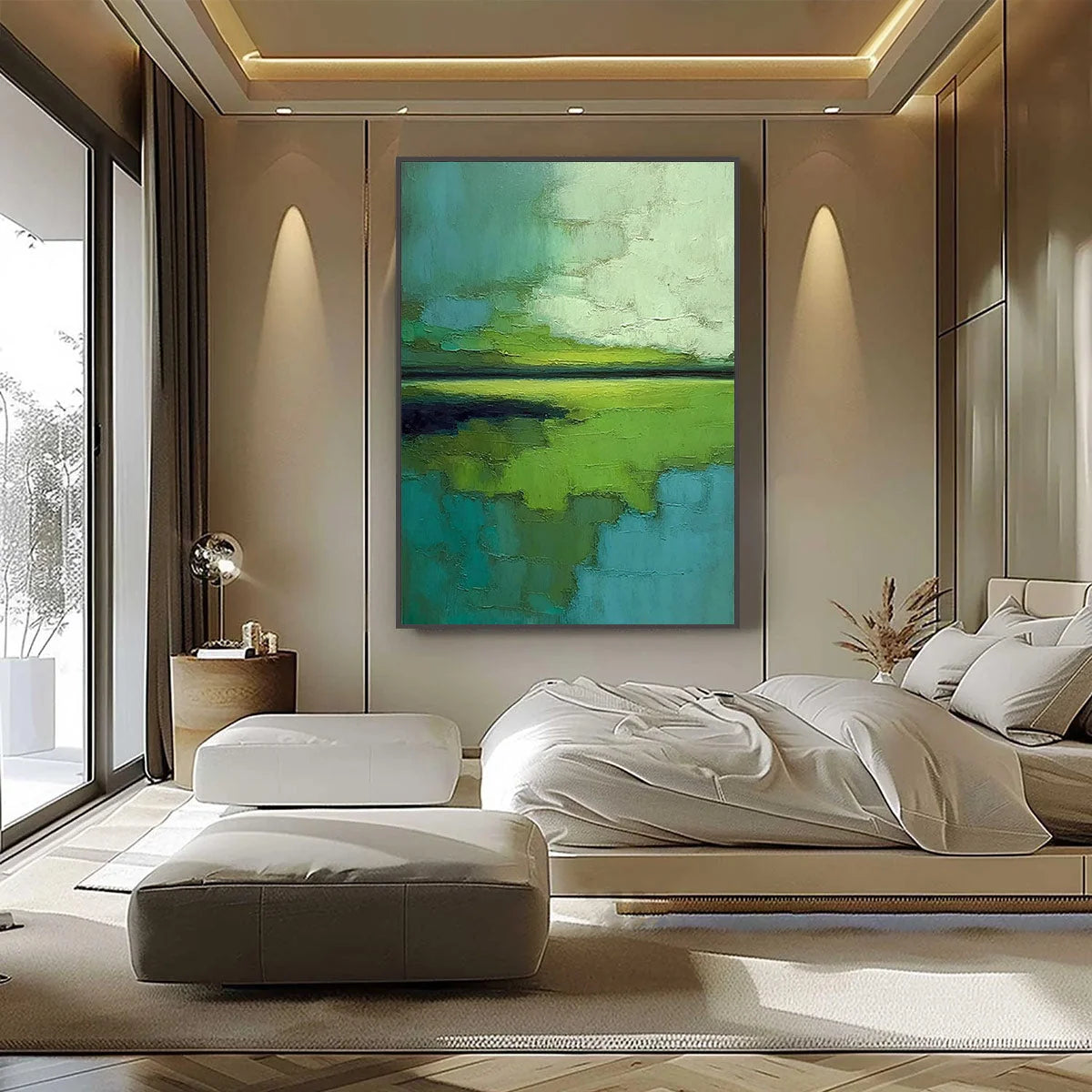 VERDANT HORIZON: Textured Abstract Green Landscape Painting | black frame version on white wall