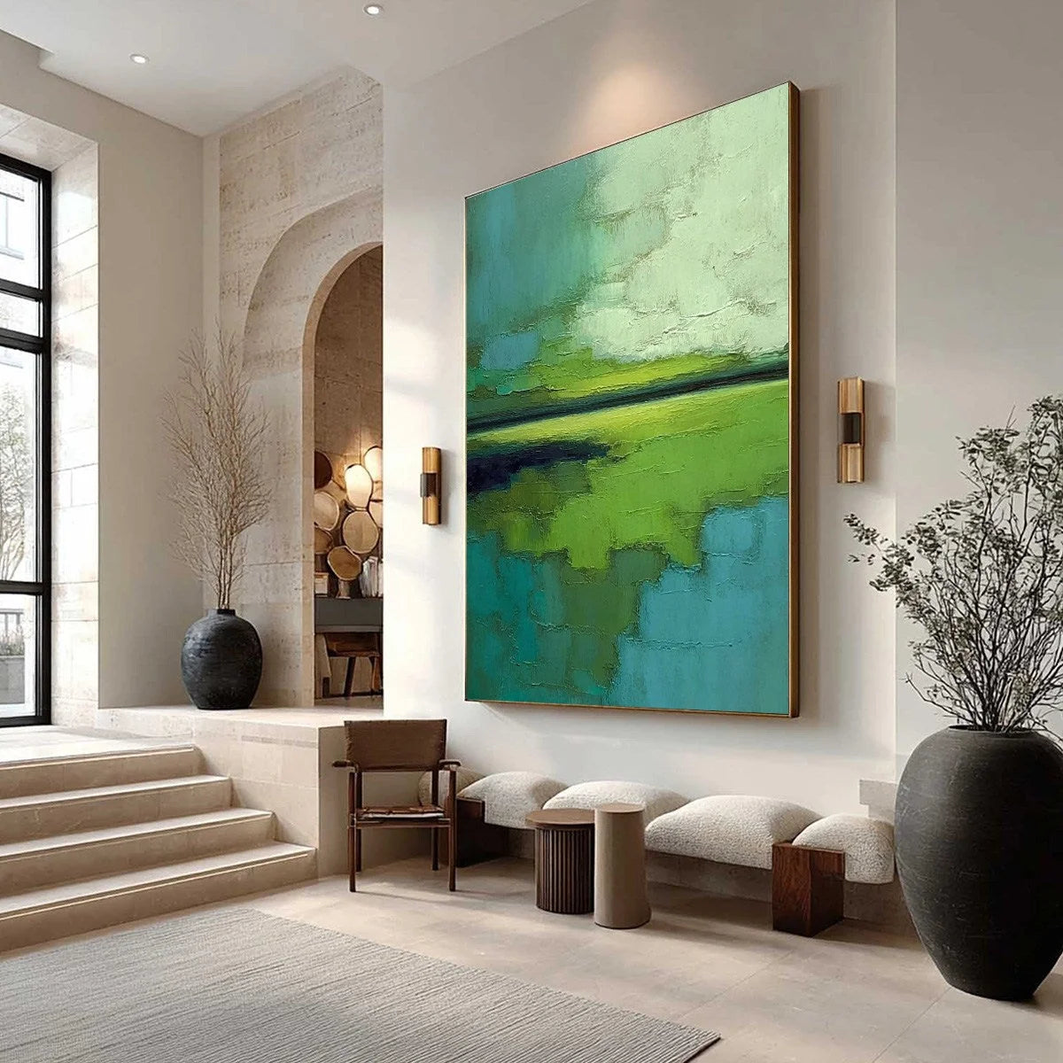 VERDANT HORIZON: Textured Abstract Green Landscape Painting | Abstract mood, soft natural light studio shot