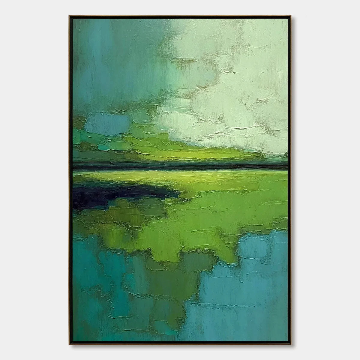 VERDANT HORIZON: Textured Abstract Green Landscape Painting | hanging in living room, Abstract wall art