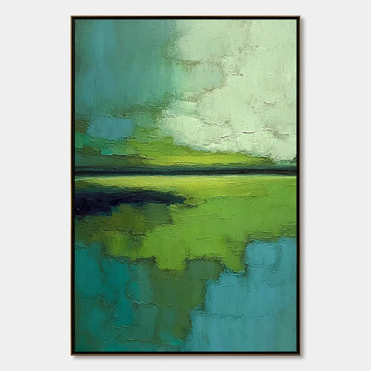 VERDANT HORIZON: Textured Abstract Green Landscape Painting | hanging in living room, Abstract wall art