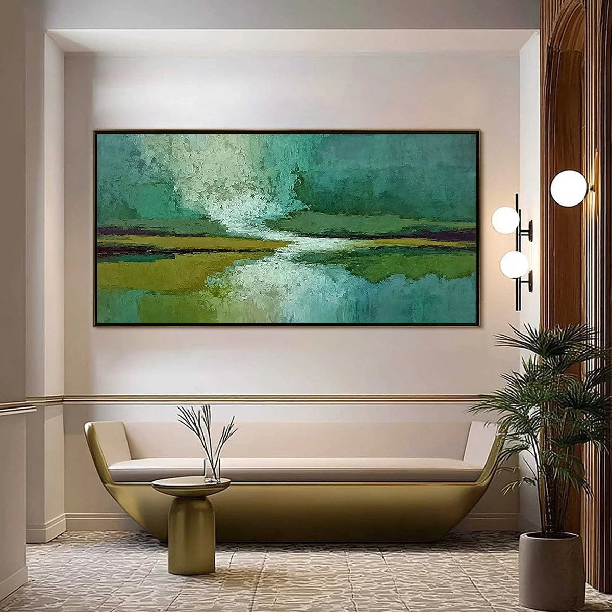 VERDANT HORIZON: Textured Abstract Landscape Painting in Green and Gold | Abstract closeup, raised brushwork detail