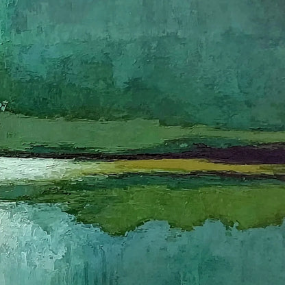 VERDANT HORIZON: Textured Abstract Landscape Painting in Green and Gold | rectangular format, hand-painted canvas edge